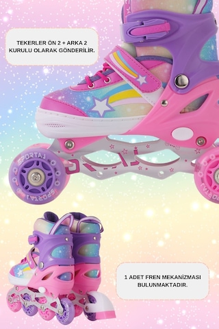 Yıldız Gökkuşağı Işıklı Kız Çocuk Pateni Silikon Teker Ayarlanabilir Paten Taşıma Çantalı Pembe Lila Pembe