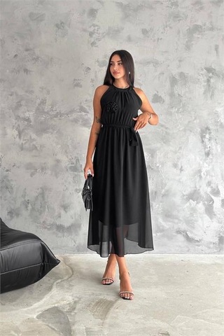 Kadın Astarlı Sıfır Kol Şifon Elbise Dpnbk2144 Siyah