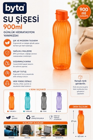 900 Ml Sızdırmaz Su Şişesi Matara Bpa İçermez Ergonomik Tasarım Spor Okul Ofis Seyahat Turuncu