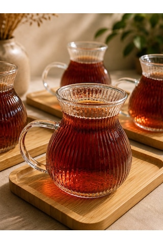 Morponi 6 Lı Cam Çay Ve Kahve Fincanı Bambu Altlıklı Sunum Seti 150 Ml Şeffaf Cam