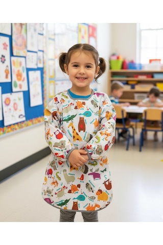 Yorni 3-6 Yaş, Zoo, Cırtlı, Sıvı Geçirmez, Makinede Yıkanabilir, Uzun Kollu Çocuk Faaliyet Aktivite Mama Önlüğü Beyaz