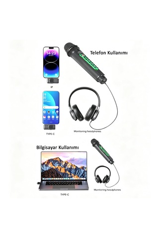 Mc9 Profesyonel Kablosuz Canlı Yayın Mikrofonu Dahili Ses Kartlı, Type-c Ve İphone İle Uyumlu