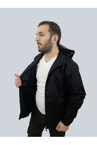 Erkek Kapüşonlu File Detaylı Siyah Yağmurluk Siyah