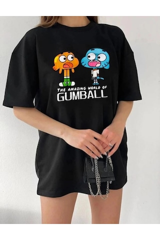 Kadın Kısa Kol Tişört Bisiklet Yaka Baskılı Oversize T-shirt - Siyah Çok Renkli