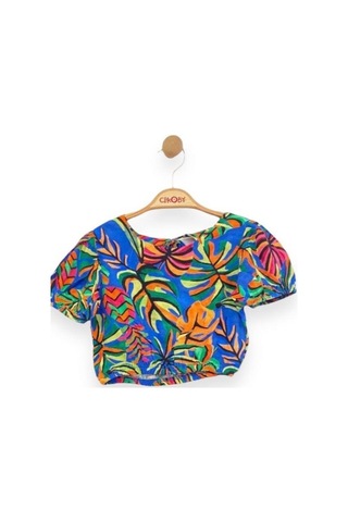 Kız Çocuk Desenli Crop Bluz-13759-mavi Mavi