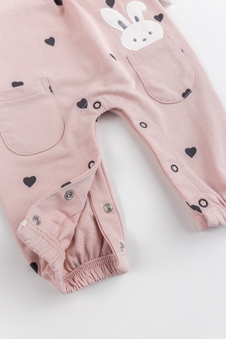 Kalp Desenli Fırfırlı %100 Pamuklu Kız Bebek Penye Tulum Salopet Takım Somon