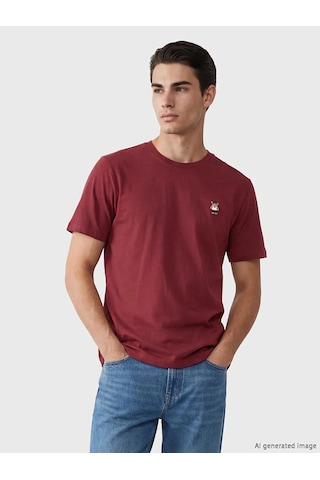 Lc Waikiki Bordo Bisiklet Yaka Ayı Teddy Nakışlı Erkek Tişört