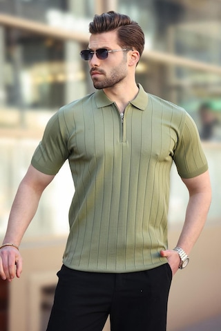 Madmext Madmext Haki Polo Yaka Fermuarlı Erkek T-shirt E7298 Haki