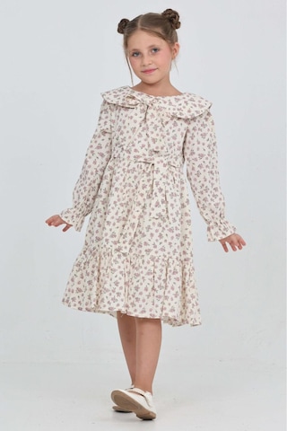 Kız Çocuk Fiyonk Yakalı Bel Kuşaklı Çiçek Desenli Kloş Etekli Elbise 12301 Pudra