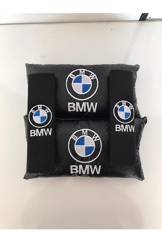 Bmw Nakışlı Deri 2 Adet Boyun Yastık Ve 2 Adet Kemer Pedi Siyah