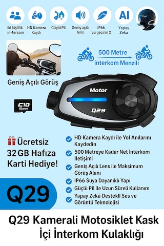 Q29 Kameralı Motosiklet İnterkom Kulaklığı Geniş Açılı Görüş Hd