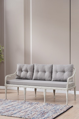 Joy Rattan Puflu Bahçe Balkon Takımı 3+1+1+ Camlı Masa Kemik Rengi Kemik