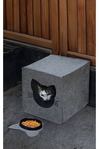 Yunusoğlu Home Keçe Kedi Yuvası Dekoratif Mama Kabı Altlığı Hediyeli Organizer Düzenleyici Katlanabilir Gri Gri