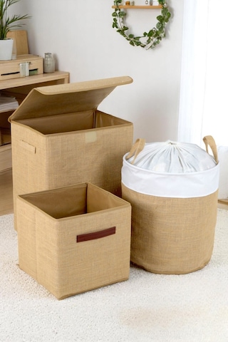İronika Jüt Kumaş Dolap İçi Organizer Oyuncak Kutusu Eşya Çamaşır Saklama Sepeti Düzenleyici Kutu 3lü Set Kahverengi