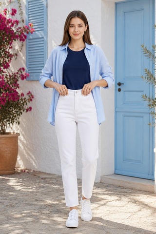 Woddi Kadın Beyaz Mom Jeans Yüksek Bel Denim Kot Pantolon