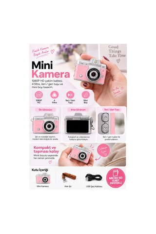 Mimtec Blm-110 Mini Retro Dijital Kamera - Flaşlı Katlanabilir Ekran 1080p Hd Video Selfie Vlog Kamerası Pembe