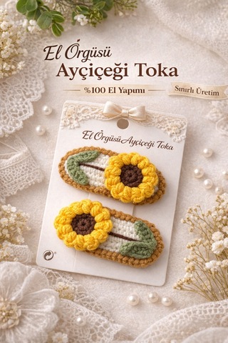 Adenya Sepeti El Emeği Örgü Ayçiçeği Toka 2'li Sarı