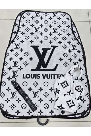 Lv Xl Beyaz - Siyah Dekor Oto Halı Paspas 4 Parça Ön Arka Takım Ve Vites Poları Kumaş Anahtarlık Hed