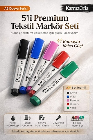 5'li Tekstil Markörü Kalem Seti Kumaş Yazı Kalemi Siyah, Mavi, Pembe, Kırmızı, Yeşil Çok Renkli
