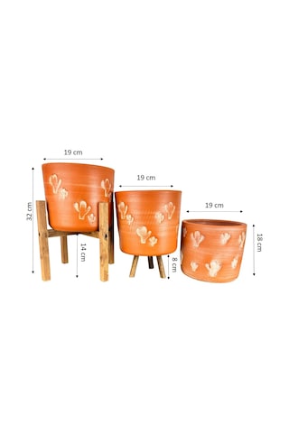 Bitki Tasarımı Ev Dekorasyon Aksesuar Kaktüs Desenli Toprak Saksı Saksılık Salon Çiçeklik Üçlü Set - 19 Cm