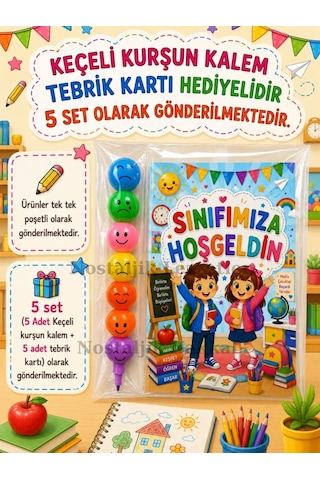 5 Adet Okula Yeni Başlayan Öğrencilere Sınıfımıza Hoşgeldin Yazılı Hediye Seti 1. Sınıf- Sene Başı Hatırası Keçeli Kalem Tebrik Kartı Hediyeli
