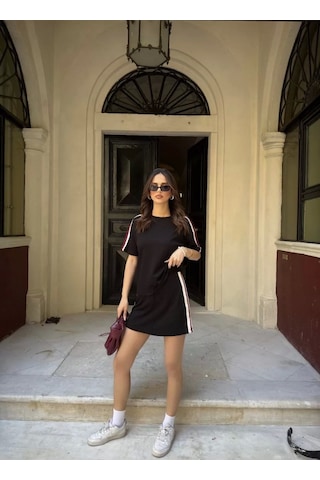 Osy Modal Yumuşak Dokulu Kumaş Kadın Parçalı Bisiklet Yaka T-shirt Mini Şortlu Etek İkili Takım - Si Siyah