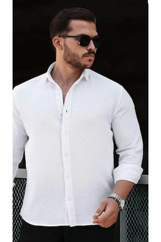 Erkek Müslin Kumaş Uzun Kol Yakalı Beyaz Gömlek Beyaz
