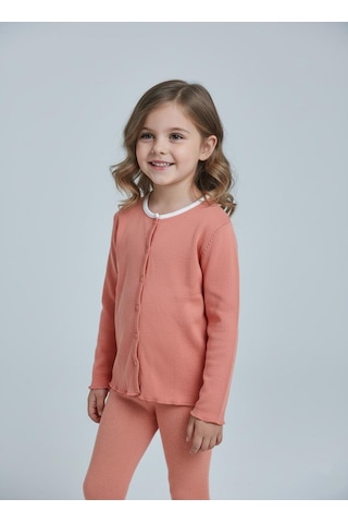 Kız Çocuk Fitilli %100 Pamuklu Düğmeli Hırka Kiremit