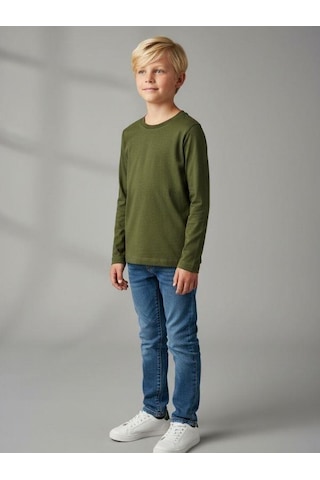 Zekids Erkek Çocuk Pamuklu Uzun Kol Basic T-shirt-16713 Haki