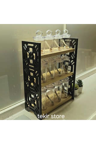 12 Li Baharatlık Takımı Ahşap Siyah Standlı Mika Vakum Kapaklı Siyah