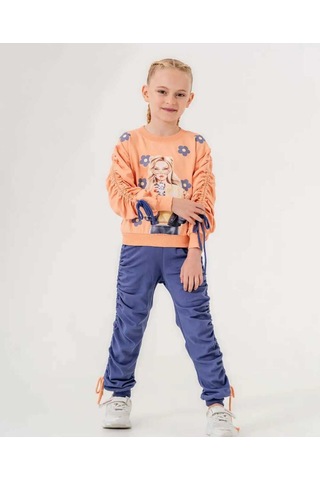Kız Çocuk Rahat Kesim Sweatshirt Ve Büzgülü Jogger Takım Somon&Lila