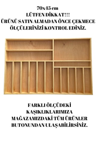 Ayfiwood 45x70 Cm Kaşık, Çatal, Bıçak, Kepçe Organizer 45x70 Cm Ahşap Çekmece Düzenleyici Kaşıklık