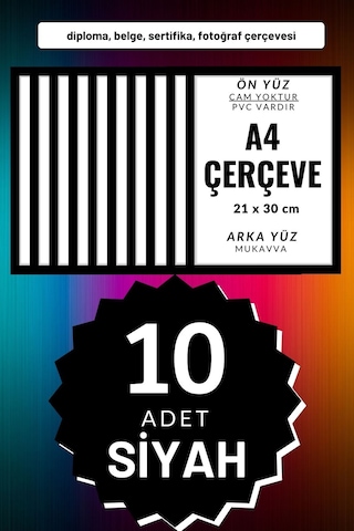 Siyah-10 Adet A4 Çerçeve Diploma Belge Sertifika Fotoğraf Resim Çerçevesi Pvc 10lu Siyah
