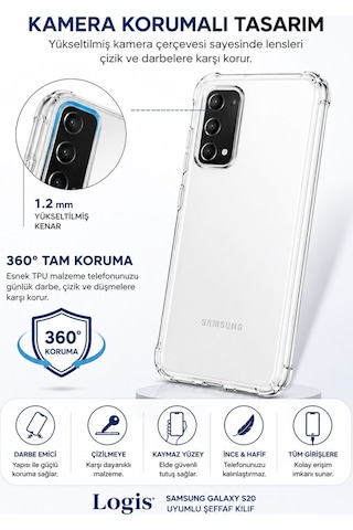 Logis Samsung Galaxy S20 Uyumlu Şeffaf Silikon Kılıf Darbe Emici Kamera Korumalı İnce Esnek Tpu Telefon Kılıfı
