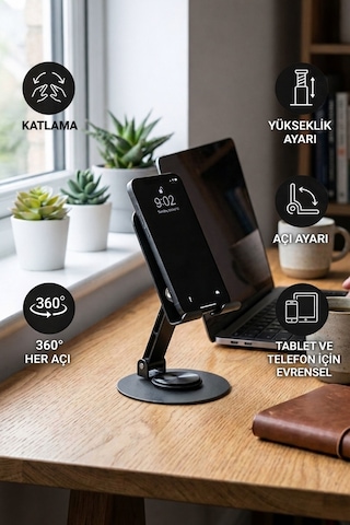 360 Ayarlanabilir Katlanabilir Telefon & Tablet Standı Yükseklik Ve Açı Ayarlı Masa Üstü Tutucu Siyah