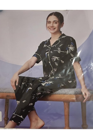 Miss Klein Kadın Büyük Beden Gömlek Yaka Pamuklu Likralı Kısa Kol Pijama Takımı 1138 - 1 Adet Siyah