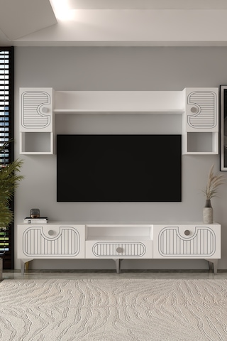 180dhdtüç3bg Hera Lazer Desenli Kapaklı Tv Ünitesi Takımı Beyaz-gümüş
