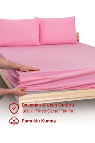 Pembe Penye Lastikli Çarşaf Takımı %100 Pamuklu Dokuma Kumaş