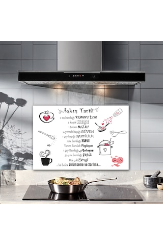 Cam Ocak Arkası Koruyucu Aşkın Tarifi Beyaz Fon 40cm X 60cm