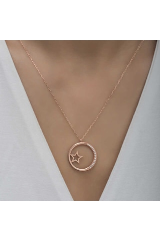 925 Ayar Gümüş Yıldız Detaylı Halka Kadın Gümüş Kolye Rose Gold