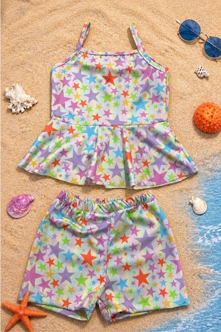 Esila Kids Kız Çocuk Puantiyeli Etekli Mayo Takımı Mor