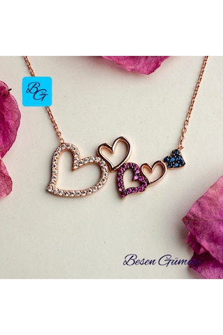 Renkli Zirkon Taşlı Rose Kalpler Kolye Rose - Gold -  Gümüş