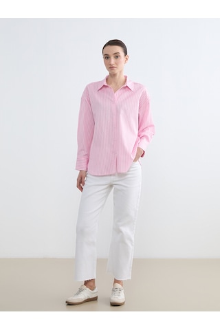 Lcw Modest Pembe Çizgili Poplin Kadın Gömlek
