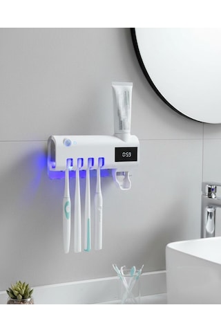 Sensörlü Uv Sterilize Diş Fırçası Tutucu Ve Macun Sıkma Aparatı Beyaz