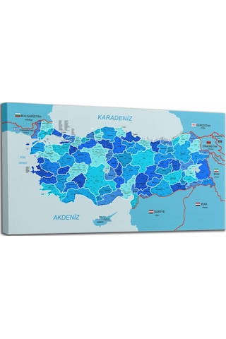 Doğaltercih Türkiye Haritası Kanvas Tablo İl ve İlçeli Ayrıntılı Eğitici-Öğretici Komşulu Dekoratif Tablo 3002