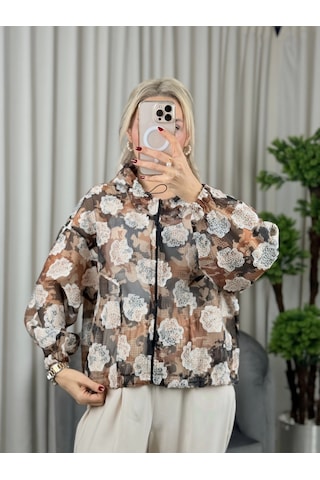 On Fashion Kapüşonlu Desenli Fermuarlı Kadın Kahverengi İnce Mont 52704 Kahverengi