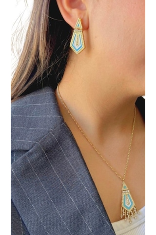 Turkuaz Taşlı Geometrik Desenli Çelik Kolye Ve Küpe Takımı Çok Renkli