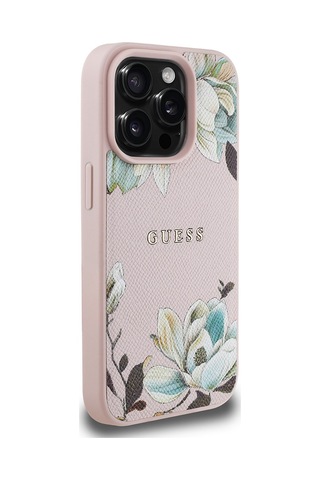 Apple Uyumlu iPhone 15 Pro Max Kılıf Guess Lisanslı Magsafe Özellikli Çiçek Tasarımlı Metal Logolu Kapak Pembe