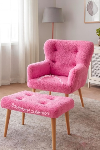 Tekli Koltuk, Ayak Uzatmalı Puf Hediyeli, Pembe Peluş Kumaş Çay Seti Koltuk Takımı, Tekli Berjer Pembe