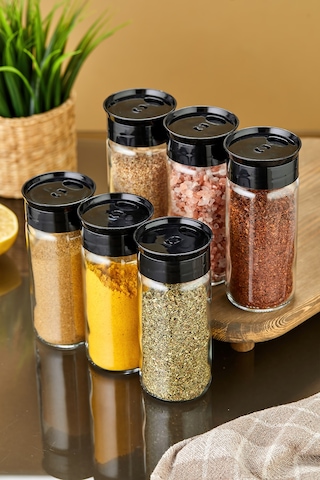 6'lı Cam Baharatlık Seti - Siyah Siyah
